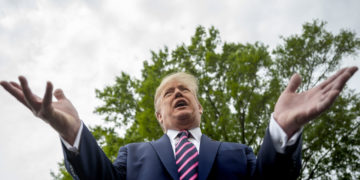 US President Donald Trump speaks as he departs the White House, on May 5, 2020, in Washington, DC en route to Arizona, where he will tour a mask factory and hold a roundtable on Native American issues