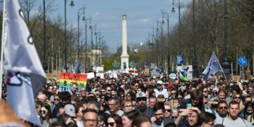 Protestors gather in Budapest, Hungary, on an illiberal Pride, stating that everyone should be the same, after the government passes legislation banning the pride marches.