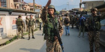 Indian paramilitary soldiers stand guard in Pampore, Pulwama district, south of Srinagar, Jammu and Kashmir, on May 7, 2025.